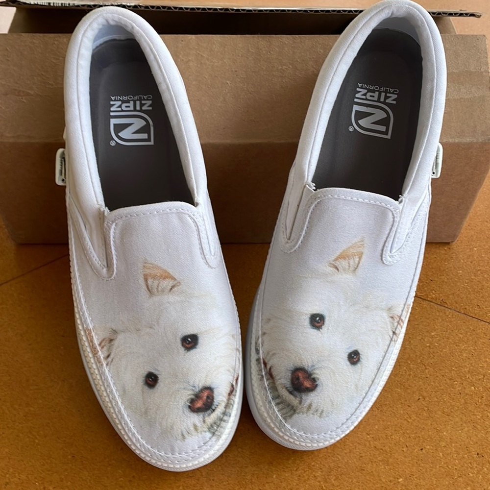NWT Westie Dog Art Zip Slip On Shoes Sz 7.5